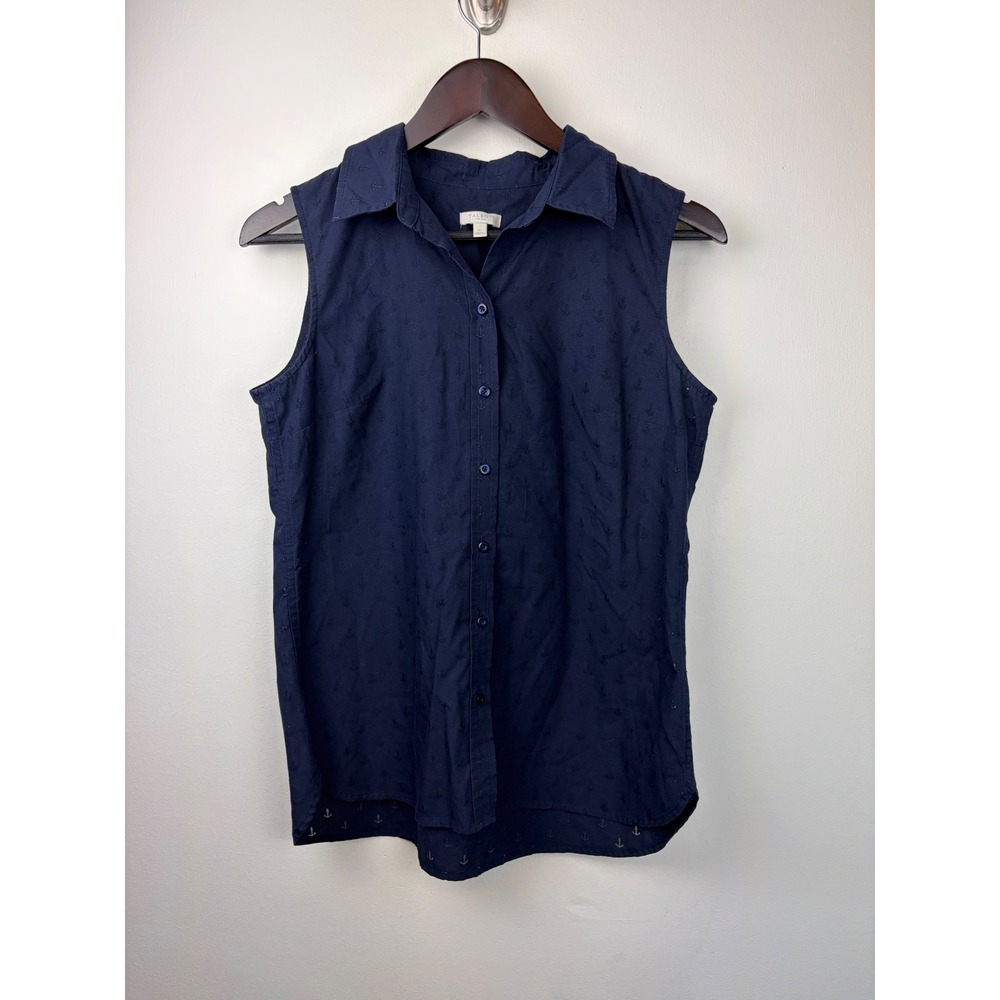 Talbots Sleeveless Button Down Tank Small Petite Navy Blue Nautical Anchor Beach